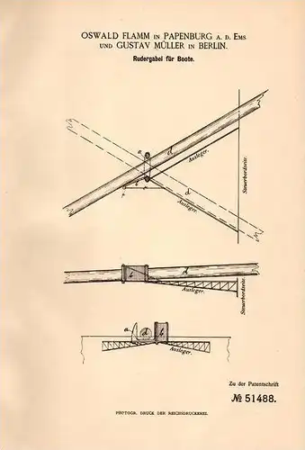 Original Patentschrift - O. Flamm in Papenburg a.d. Ems , 1889 , Rudergabel für Boote , Ruder , Boot !!!