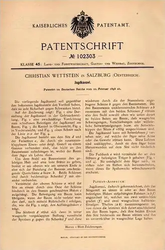 Original Patentschrift - Ch. Wettstein in Salzburg , 1898 , Kanzel für Jagd , Jäger , Jagdkanzel , Hochstand !!!