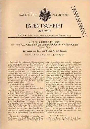 Original Patentschrift - A. Pocock in Wandworth , Surrey , 1898 , Apparat für Oel - Lampen !!!