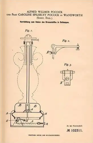 Original Patentschrift - A. Pocock in Wandworth , Surrey , 1898 , Apparat für Oel - Lampen !!!