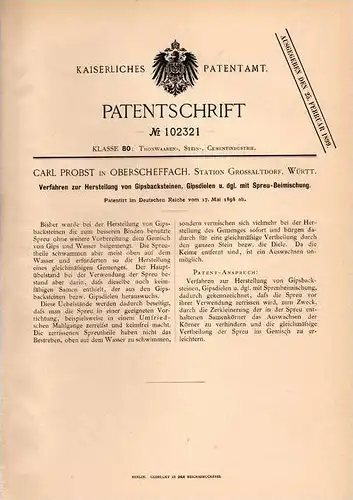 Original Patentschrift - C. Probst in Oberscheffach b. Ilshofen , 1898 , Gips - Backsteine , Bau , Vellberg !!!