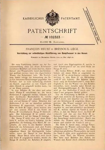 Original Patentschrift - F. Heuse in Bressoux - Liége , 1898 , Apparat für Dampfkessel , Dampfmaschine !!!