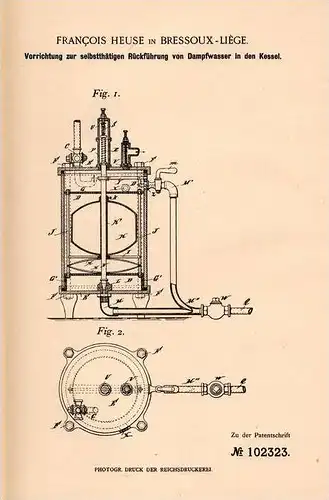 Original Patentschrift - F. Heuse in Bressoux - Liége , 1898 , Apparat für Dampfkessel , Dampfmaschine !!!