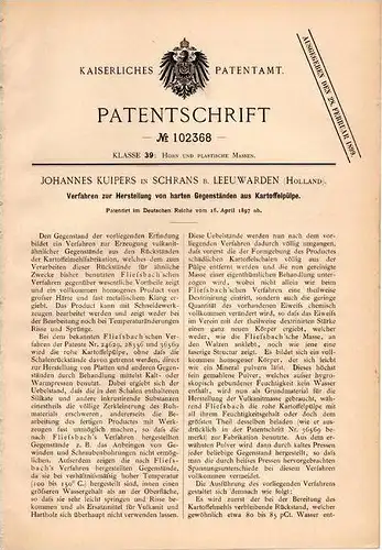 Original Patentschrift - J. Kuipers in Schrans b. Leeuwarden , 1897 , Gegenstände aus Kartoffel - Pülpe , Kartoffeln !!!