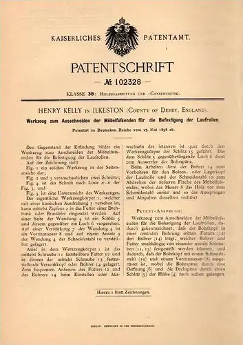 Original Patentschrift - H. Kelly in Ilkeston , County of Derby , 1898 , Werkzeug für Möbel !!!
