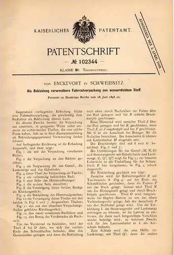Original Patentschrift - von Enckevort in Schweidnitz / Swidnica , 1898 , Fahrradgarage als Regenschutz , Fahrrad !!