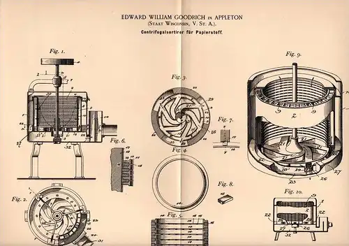 Original Patentschrift - E. Goodrich in Appleton , Wisconsin , 1898 . Centrifugalsortierer für Papier , Paper !!!