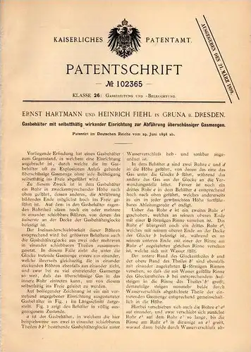 Original Patentschrift - E. Hartmann und H. Fiehl in Gruna b. Dresden , 1898 , Gasbehälter mit Abführapparat !!!