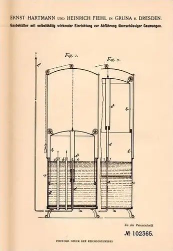 Original Patentschrift - E. Hartmann und H. Fiehl in Gruna b. Dresden , 1898 , Gasbehälter mit Abführapparat !!!