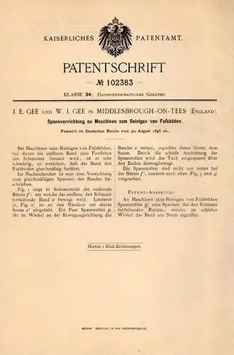 Original Patentschrift - J.E. Gee in Middlesbrough on Tees , 1896 , Spannapparat an Maschinen zur Fußboden Reinigung !!!