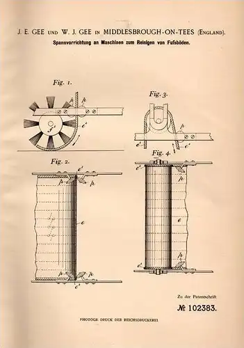 Original Patentschrift - J.E. Gee in Middlesbrough on Tees , 1896 , Spannapparat an Maschinen zur Fußboden Reinigung !!!