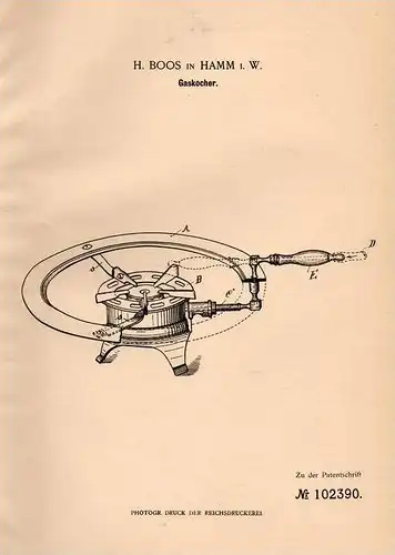 Original Patentschrift - H. Boos in Hamm i.W., 1898 , Gaskocher , Kocher !!!