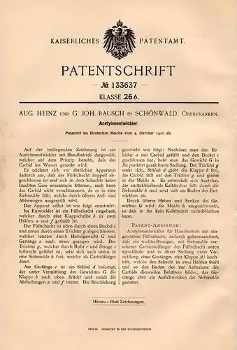 Original Patentschrift - G. Rausch in Schönwald i. Oberfranken , 1901 , Acetylenentwickler , Acetylen !!!