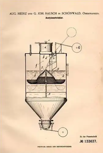 Original Patentschrift - G. Rausch in Schönwald i. Oberfranken , 1901 , Acetylenentwickler , Acetylen !!!