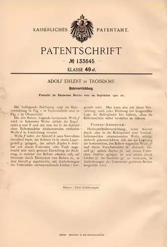 Original Patentschrift - A. Ehlert in Troisdorf , 1901 , Bohrvorrichtung , Bohrer , Bohrmaschine !!!