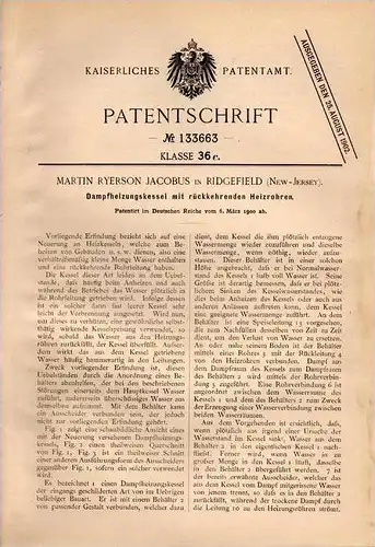 Original Patentschrift - M. Jacobus in Ridgefield , New Jersey , 1900 , Dampf - Heizkessel , Heizung !!!