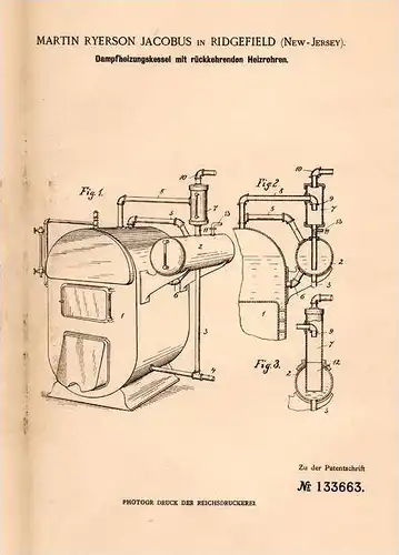 Original Patentschrift - M. Jacobus in Ridgefield , New Jersey , 1900 , Dampf - Heizkessel , Heizung !!!