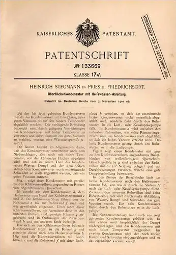Original Patentschrift - H. Stegemann in Kiel - Pries b. Friedrichsort , 1901 , Oberflächenkondensator !!!