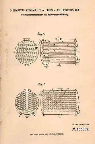 Original Patentschrift - H. Stegemann in Kiel - Pries b. Friedrichsort , 1901 , Oberflächenkondensator !!!