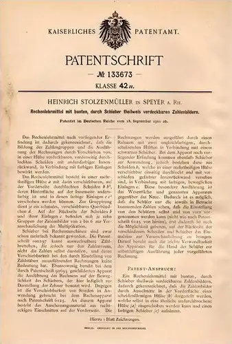 Original Patentschrift - H. Stolzenmüller in Speyer a.Rh., 1901 , Rechenlehrmittel , Mathematik , Rechenschieber !!!