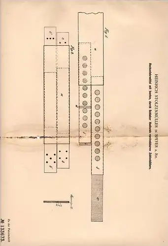 Original Patentschrift - H. Stolzenmüller in Speyer a.Rh., 1901 , Rechenlehrmittel , Mathematik , Rechenschieber !!!