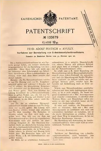 Original Patentschrift - F. Pertsch in Avully , Schweiz , 1900 , Darstellung von Säuren , Chemie !!!