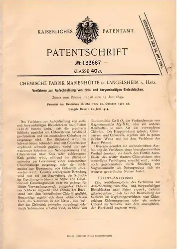 Original Patentschrift -  Chemische Fabrik Marienhütte in Langelsheim a. Harz ,1901,Zink- und bariumhaltige Bleischlacke