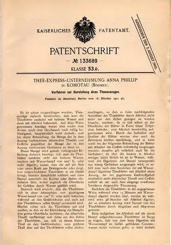 Original Patentschrift - Tee Express Unternehmung A. Phillip in Komotau / Chomutov , 1901 , Herstellung von Tee !!!