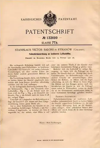 Original Patentschrift - S. Saloni in Rymanow , 1901 , Fallschirm für lenkbares Luftschiff , Flugapparat , Flugzeug !!!