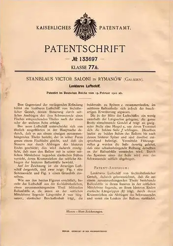 Original Patentschrift - S. Saloni in Rymanow , 1901 , lenkbares Luftschiff , Flugapparat , Flugzeug !!!