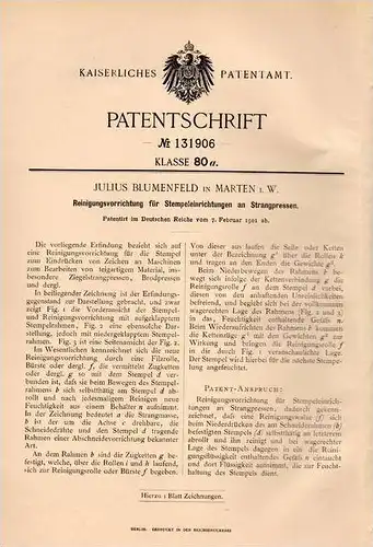 Original Patentschrift - J. Blumenfeld in Marten b. Dortmund i.W., 1901 , Reinigungsapparat für Stempel von Pressen !!!