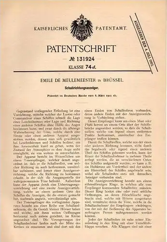 Original Patentschrift - Emile de Meulemeester in Brüssel , 1901 , Schallrichtungsanzeiger , Schall , Schiff !!!