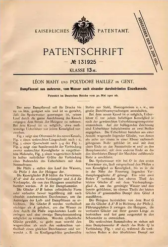 Original Patentschrift - L. Mahy und P. Haillez in Gent , 1901 , Dampfkessel aus mehereren Einzelkesseln   !!!