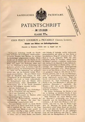 Original Patentschrift - J. Goodbun in Piccadilly , London , 1901 , Golf - Schlägertasche !!!