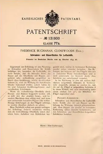 Original Patentschrift - F. Buchanan in Closewoods , 1899 , Luftschiff - Steuerruder , Flugapparat , Fliegerei !!!