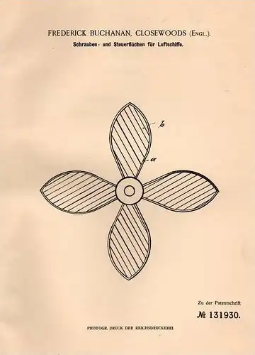 Original Patentschrift - F. Buchanan in Closewoods , 1899 , Luftschiff - Steuerruder , Flugapparat , Fliegerei !!!