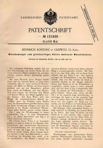 Original Patentschrift - H. Kostorz in Gleiwitz , O.-Schl., 1901 , Wäschemangel , Wäsche !!!