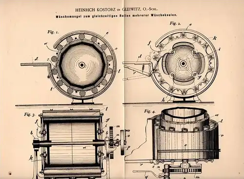 Original Patentschrift - H. Kostorz in Gleiwitz , O.-Schl., 1901 , Wäschemangel , Wäsche !!!