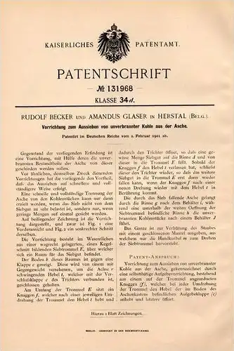 Original Patentschrift - R. Becker und A. Glaser in Herstal , 1901 , Apparat für unverbrannte Kohle aus der Asche !!!