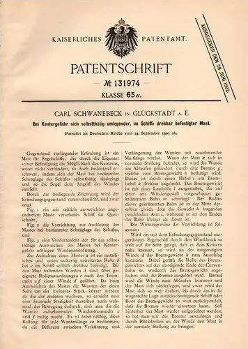 Original Patentschrift - C. Schwanebeck in Glückstadt a.E., 1901 , Drehbarer Mast für schiffe bei Kentergefahr !!!