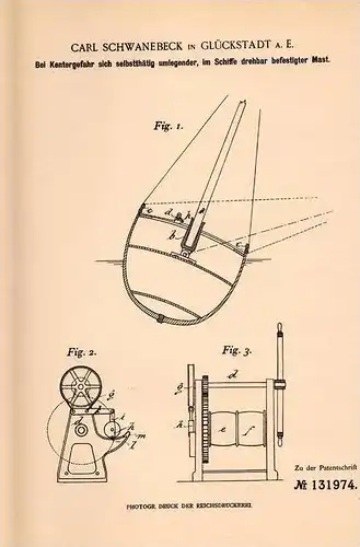 Original Patentschrift - C. Schwanebeck in Glückstadt a.E., 1901 , Drehbarer Mast für schiffe bei Kentergefahr !!!