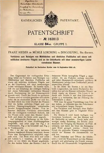 Original Patentschrift - F. Rieder in Mühle Loiching b. Dingolfing , 1904 , Reinigung von Mühlbächen und Flüssen  !!!