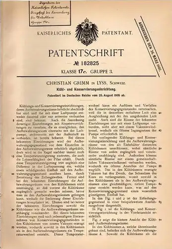 Original Patentschrift - Ch. Grimm in Lyss , Schweiz , 1905 , Einrichtung zum Kühlen und Konservieren !!!