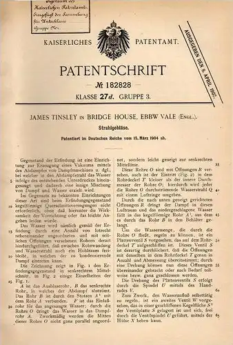 Original Patentschrift - J. Tinsley in Bridge House , Ebbw Vale , 1904 , Strahlgebläse , Dampfmaschine !!!
