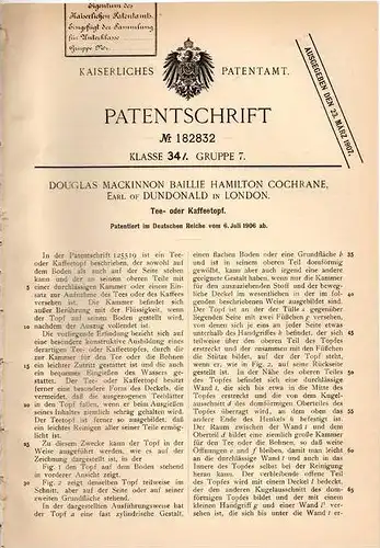 Original Patentschrift - Douglas Cochrane , Earl of Dundonald in London , 1906 , Tee - oder Kaffeetopf , Tea , Coffee !!