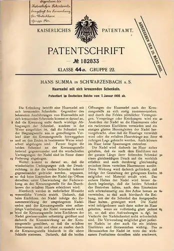 Original Patentschrift - H. Summa in Schwarzenbach a.S., 1905 , Haarnadel mit Schenkeln , Friseur , Frisur , Haar !!!