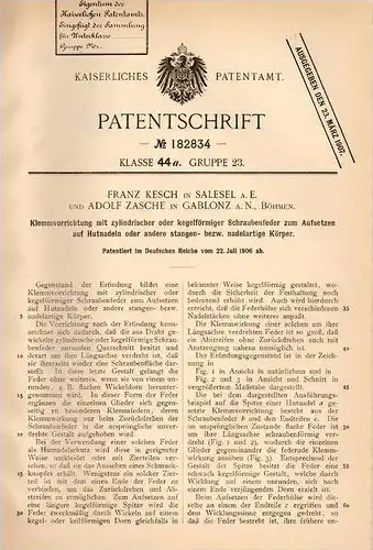 Original Patentschrift - F. Kesch in Salesel a.E./ Dolni Zálezly und Gablonz a.N., 1906 , Klemmapparat für Hutnadeln !!!