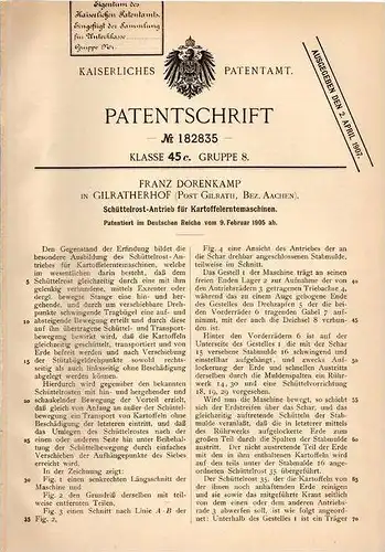 Original Patentschrift - F. Dorenkamp in Gillrath b. Geilenkirchen , 1905 , Kartoffel - Erntemaschine , Landwirtschaft !