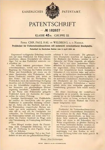 Original Patentschrift - Chr. Rau in Wildberg a.d. Nagold , 1906 , Preßdeckel für Futterschneidemaschine !!!
