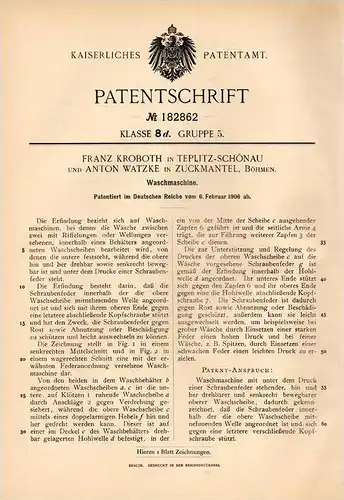 Original Patentschrift - A. Watzke in Zuckmantel / Zlaté Hory und Teplitz , 1906 , Waschmaschine !!!